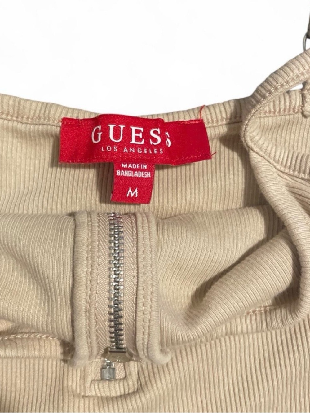 GUESS Trendy Y2K Beige Ribbed Zip Front Tank Top - Picture 2 of 2